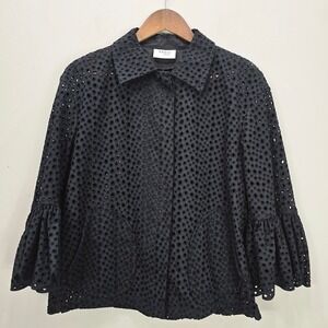 AKRIS Punto Jacket Black Eyelet Embroidered Ruffle Sleeve Collar Button Pockets